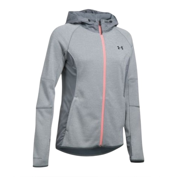 Women’s Under Armour Swacket Size Medium Light Gray & Coral Zip-Up w/Hood Storm - Picture 1 of 16